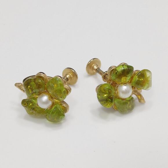 Vintage Peridot Gemstone Four Leaf Clover Earrings, Pearls, Gold Plated, 1950s - Picture 7 of 10